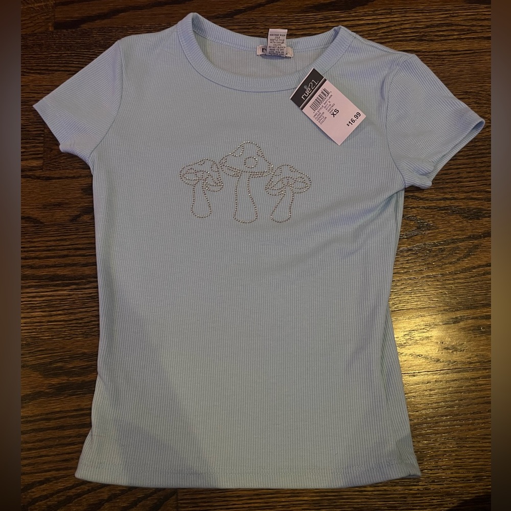 Cute tight mushroom baby blue tee!